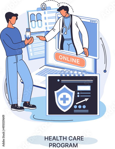 Health care program metaphor, online medical services, protection medicine. Medical insurance, hospital services, preventive check up, sick leave certificate treatment diagnosis patients, telemedicine