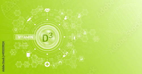 Vitamin D3 and Mineral supplements complex pharmaceutical capsule. Vitamins food sources and functions. Health care and science icon pattern medical innovation. On a green background. Vector EPS 10.