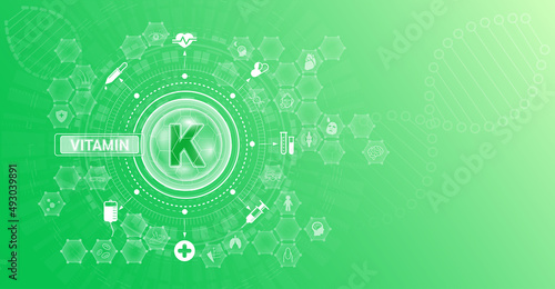 Vitamin K and Mineral supplements complex pharmaceutical capsule. Vitamins food sources and functions. Health care and science icon pattern medical innovation. On a green background. Vector EPS 10.