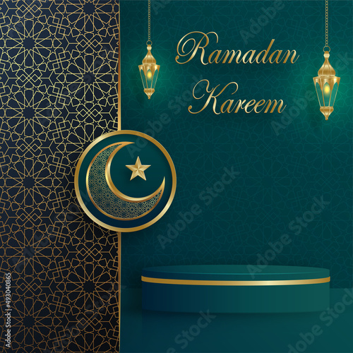 Islamic 3d podium round stage for Eid Mubarak, Ramadan Kareem, Muharram, Iftar on color background