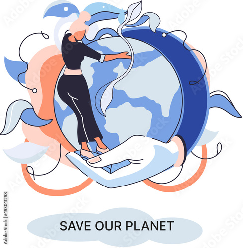 Save our planet ecological metaphor Earth day, love for native home. Sustainable gardening renewable energy. Caring for nature protecting environment stop air and water pollution, rational consumption