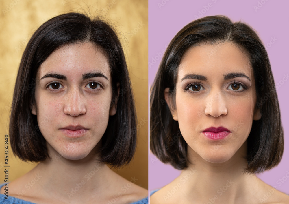 Portrait of girl before and after a make-up sitting with a beautician Portrait of girl before and after a make-up sitting with a beautician