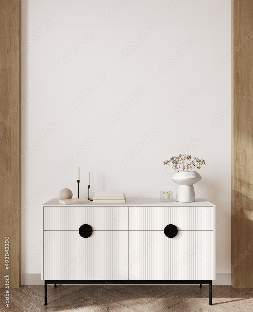 Фотография Blank wall mockup in simple minimal interior, 3d render