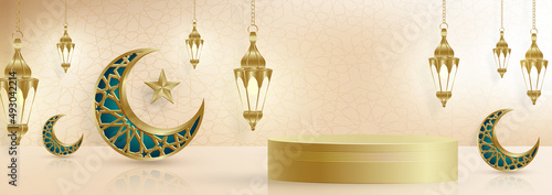 Islamic 3d podium round stage for Eid Mubarak, Ramadan Kareem, Muharram, Iftar on color background