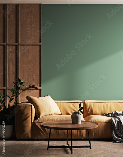 Modern home interior mock-up with brown sofa, table, and decoration in the living room, 3d rendernge furniture and wooden table, Scandinavian style photo