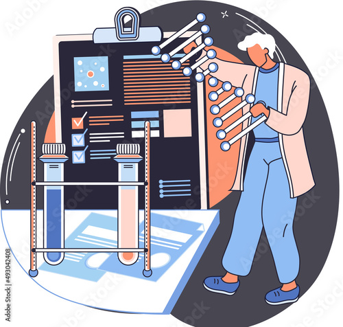 Chemical laboratory research. Vaccine discovery concept. Scientist with flasks, microscope and medical research equipment working on antiviral treatment development. Doctor studying fluid samples
