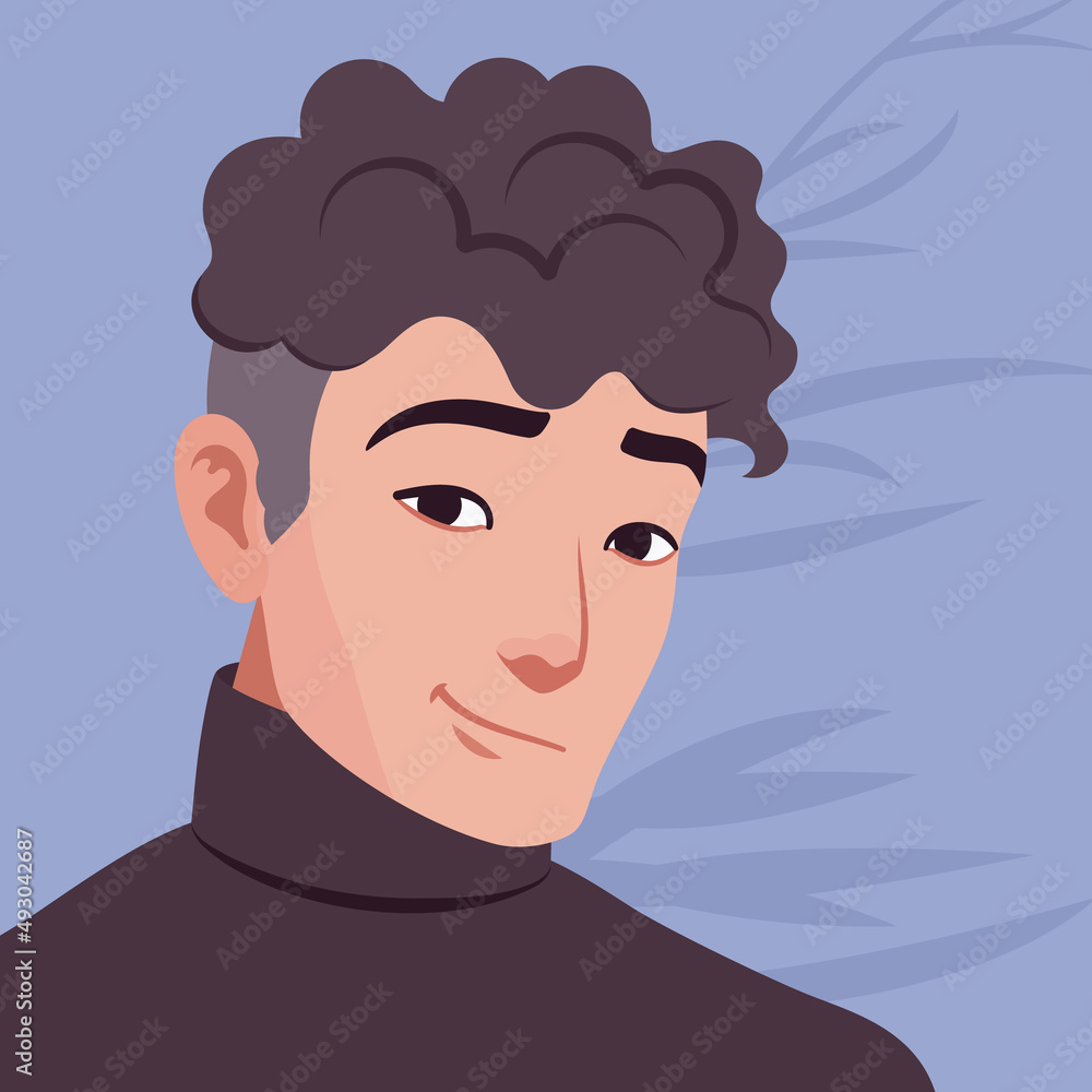 Young handsome businessman portrait, positive appealing smile. Office man, business look smart guy, black turtleneck sweater outfit, social media profile picture. Vector flat style illustration Young handsome businessman portrait, positive appealing smile. Office man, business look smart guy, black turtleneck sweater outfit, social media profile picture. Vector flat style illustration