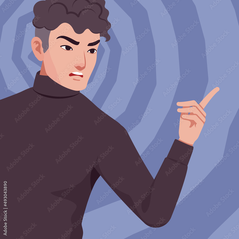 Young handsome businessman portrait, talking finger pointing gesture. Office man, business look smart guy, black turtleneck sweater outfit, social media profile picture. Vector flat style illustration Young handsome businessman portrait, talking finger pointing gesture. Office man, business look smart guy, black turtleneck sweater outfit, social media profile picture. Vector flat style illustration