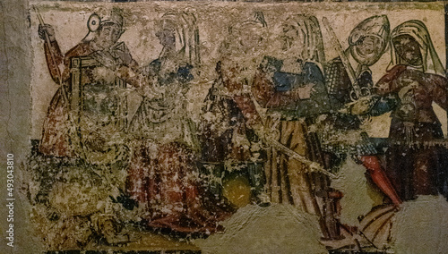 Pinturas murales de la nave central  siglo 14. Detalle. Catedral de Mondo  edo. Provincia de Lugo  Galicia  Espa  a.