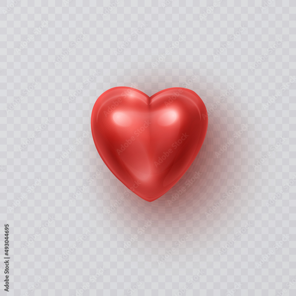 Large red heart on transparent background, 3d heart with shadow, vector illustration