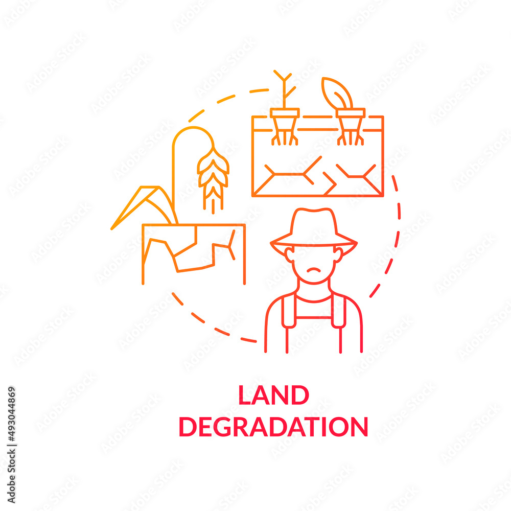 Land degradation red gradient concept icon. Desertification. Challenges to achieving food security abstract idea thin line illustration. Isolated outline drawing. Myriad Pro-Bold fonts used Land degradation red gradient concept icon. Desertification. Challenges to achieving food security abstract idea thin line illustration. Isolated outline drawing. Myriad Pro-Bold fonts used