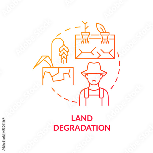 Land degradation red gradient concept icon. Desertification. Challenges to achieving food security abstract idea thin line illustration. Isolated outline drawing. Myriad Pro-Bold fonts used