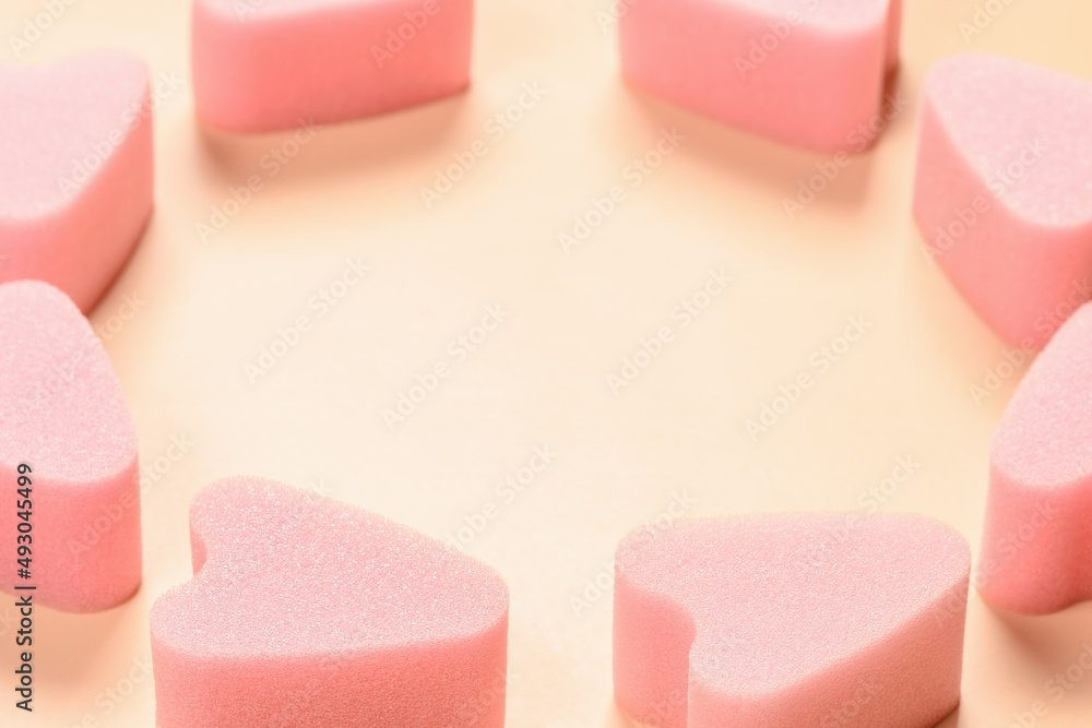 Soft tampons stringless in circle on pink background. New generation. Freedom of movement for girls and women. Soft tampons stringless in circle on pink background. New generation. Freedom of movement for girls and women.