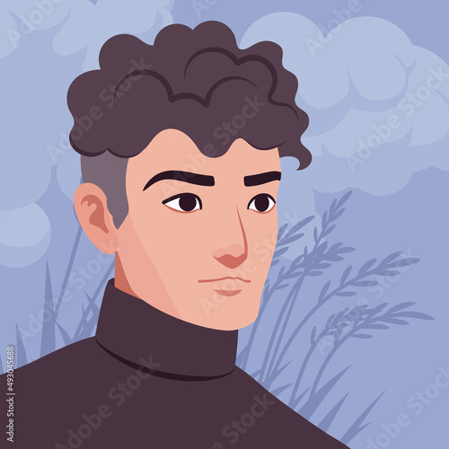 Young handsome businessman portrait, pensive pose, seriously thoughtful. Office man, business casual look smart guy, sporty chic outfits, social media profile picture. Vector flat style illustration