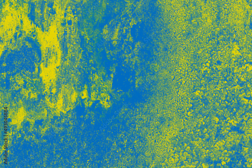 Yellow and blue painted rustic old concrete wall surface for texture background