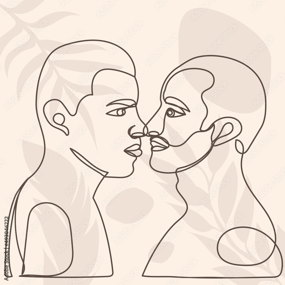 men kiss portrait one continuous line drawing, isolated