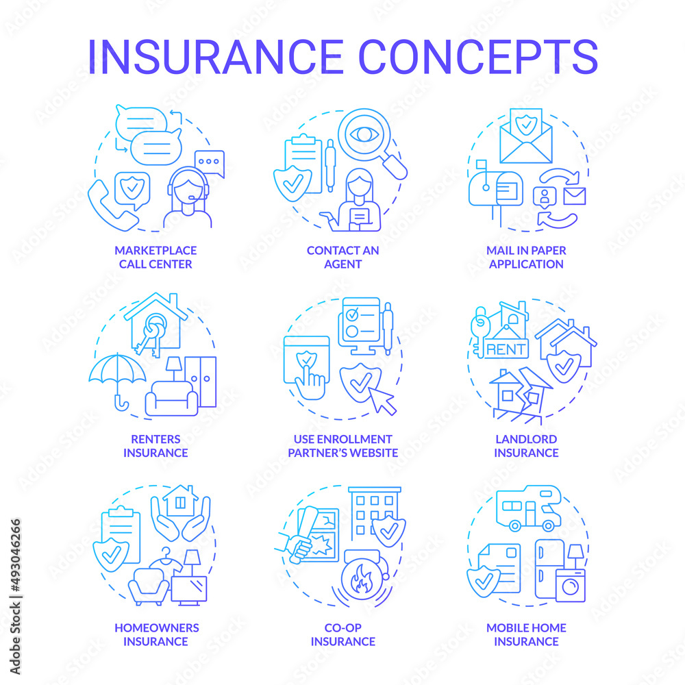 Insurance blue gradient concept icons set. Safety service for customers idea thin line color illustrations. Isolated symbols. Editable stroke. Roboto-Medium, Myriad Pro-Bold fonts used