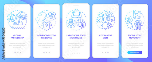Food security approaches blue gradient onboarding mobile app screen. Walkthrough 5 steps graphic instructions pages with linear concepts. UI, UX, GUI template. Myriad Pro-Bold, Regular fonts used