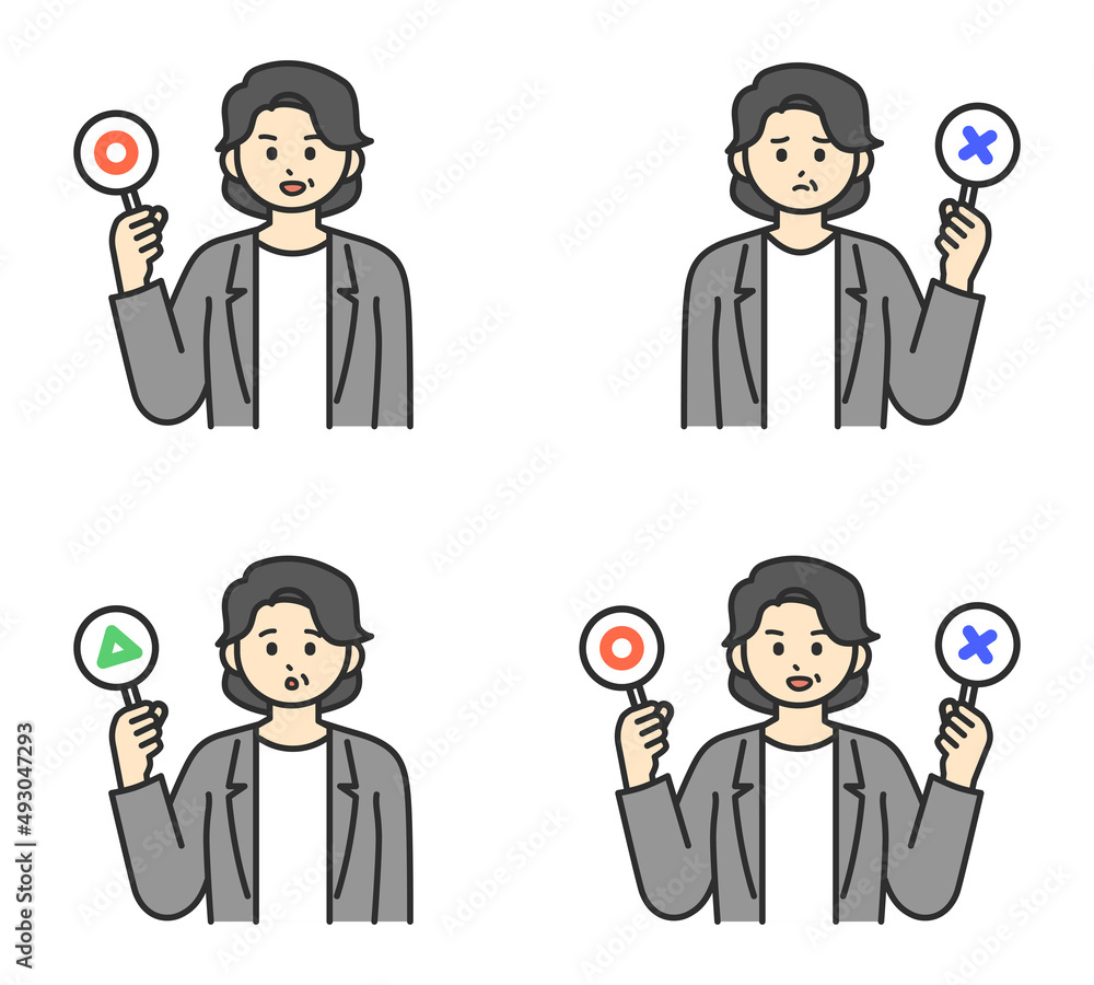 女性社員がまるとばつと三角の札を持つイラスト素材 女性社員がまるとばつと三角の札を持つイラスト素材