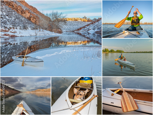 paddling a decked expedition canoe on lakes and rivers in Colorado, a set of pictures featuring the same senior male paddler, all images copyright by the photographer