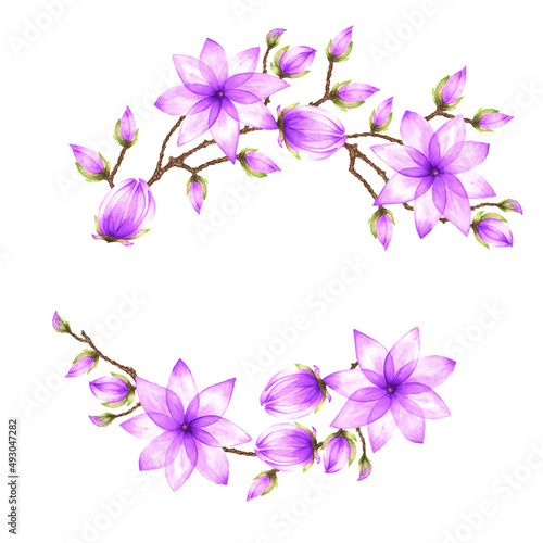 An isolated watercolor illustration of a group of two half-round elements with a floral magnolia motif and an aquarelle paper texture for design of text  label  greeting and invitation cards  backdrop