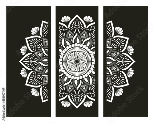 Decorative CNC Laser Cut MDF Decorative wall panel, Decorative laser cut mandala, Decorative laser cutting wall panel vectorial, 3 panels wall art frame laser cutting template.