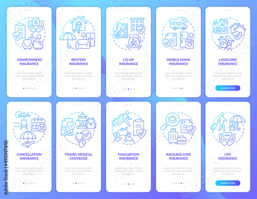 Insurance blue gradient onboarding mobile app screen set. Coverage walkthrough 5 steps graphic instructions pages with linear concepts. UI, UX, GUI template. Myriad Pro-Bold, Regular fonts used