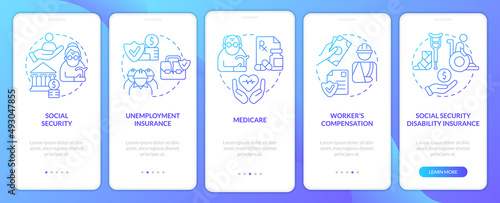 Federal social insurance blue gradient onboarding mobile app screen. Walkthrough 5 steps graphic instructions pages with linear concepts. UI, UX, GUI template. Myriad Pro-Bold, Regular fonts used