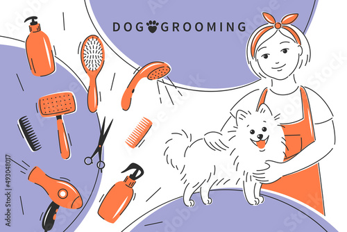 Dog grooming. Cartoon dog with professional barber woman grooming dog. Different tools for animal hair grooming, haircuts, bathing, hygiene. Vector illustration