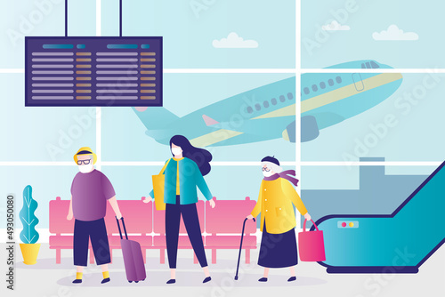 People in medical masks go to boarding plane or in arrivals hall. New norms during coronavirus at airport