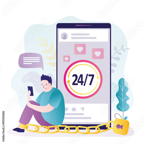 Young man is chained to mobile phone. Dependence on gadgets, the Internet. Social networks addiction. Psychological problems. Smartphone and unhappy male character.