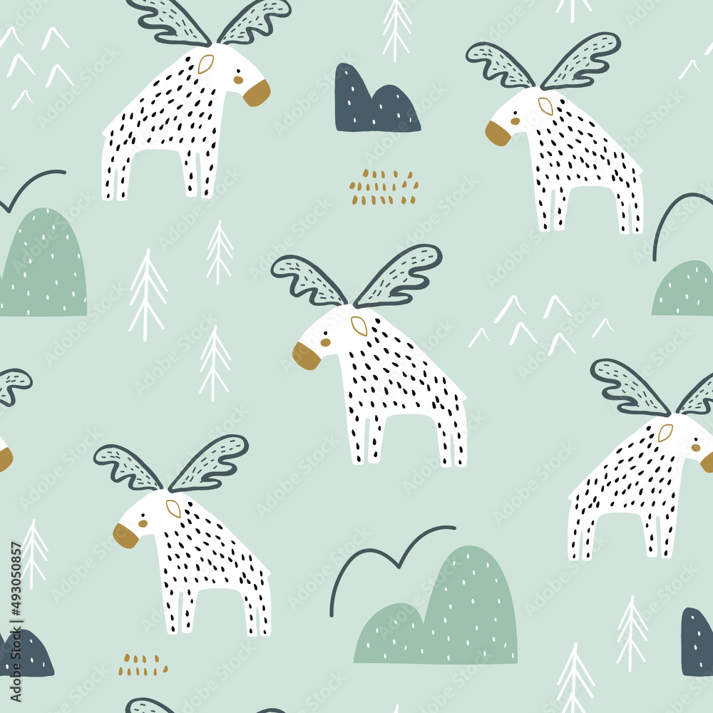 Seamless childish pattern with cartoon moose and hand drawn shapes. Creative nordic texture. Vector illustration Seamless childish pattern with cartoon moose and hand drawn shapes. Creative nordic texture. Vector illustration