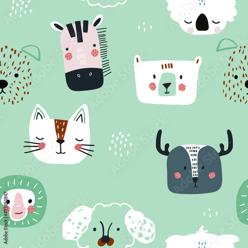 Seamless childish pattern with cute animals heads. Modern cartoon dog, cat, bear, monkey,dear , koala, zebra texture for fabric, textile, wallpaper. Vector illustration