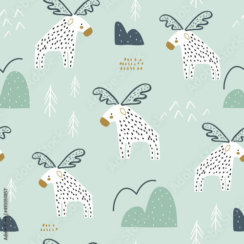Seamless childish pattern with cartoon moose and hand drawn shapes. Creative nordic texture. Vector illustration