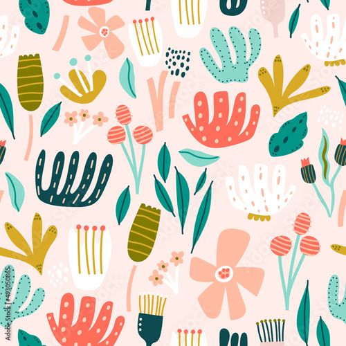 Seamless floral pattern with leaves, flowers and berries. Spring, summer background. Perfect for fabric design, wallpaper, apparel. Vector illustration © solodkayamari