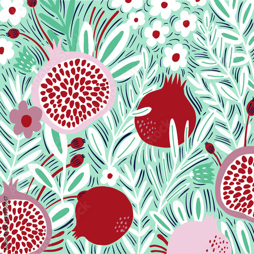 Floral pomegranate pattern. Hight detailed fruit background.