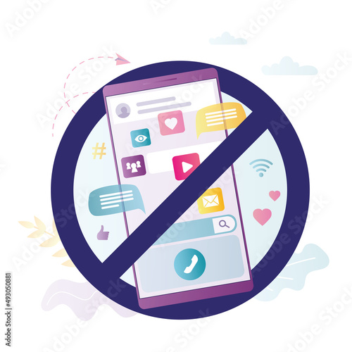 Ban on use of mobile phone. Warning sign, please turn off your smartphone. Prohibition use of social networks and the Internet. Cell phone with various app, signs.
