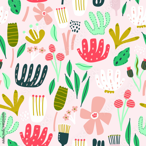 Seamless floral pattern with leaves, flowers and berries. Spring, summer background. Perfect for fabric design, wallpaper, apparel. Vector illustration © solodkayamari