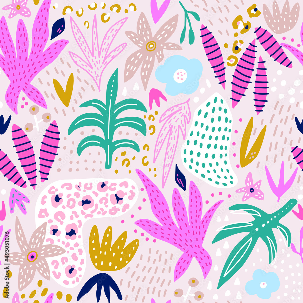 Seamless abstract florals  jungle pattern. Wild animal print. Summer hand drawn creative texture. Vector illustration