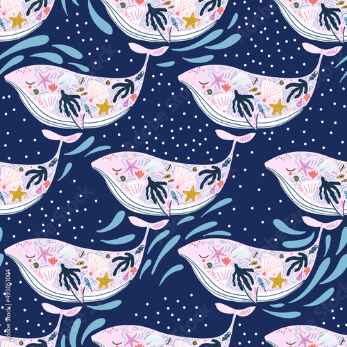 Seamless pattern with cute whales with marine treasures on a body. Childish marine texture for fabric, textile,apparel. Vector background