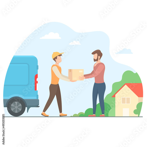 Courier gives the box to the customer. Online shopping flat modern illustration