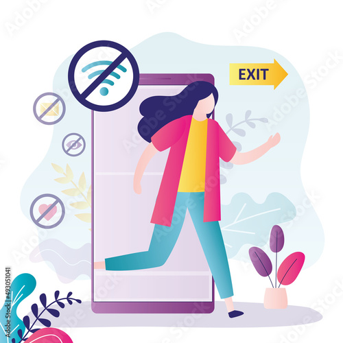 Woman running away from digital addiction. Female character runs out of smartphone screen to exit. Freedom from Internet and social networks. User without wi-fi and 4g.