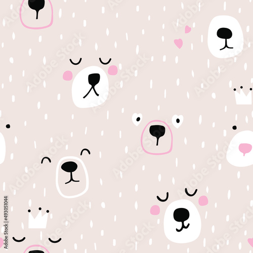 Seamless childish pattern with cute girl bear faces. Brush stroke texture. Great for fabric, textile, apparel. Vector illustration
