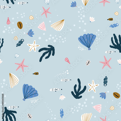 Photography Seamless marine texture with undersea elements, seashells, star fish, fish, corals
