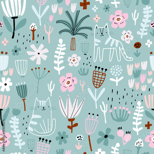 Seamless childish pattern with СЃute hand drawn cats and flowers. Creative kids texture for fabric, wrapping, textile, wallpaper, apparel. Vector illustration