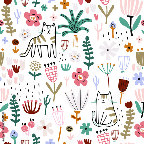 Seamless childish pattern with СЃute hand drawn cats and flowers. Kids texture for fabric, wrapping, textile, wallpaper, apparel. Vector illustration