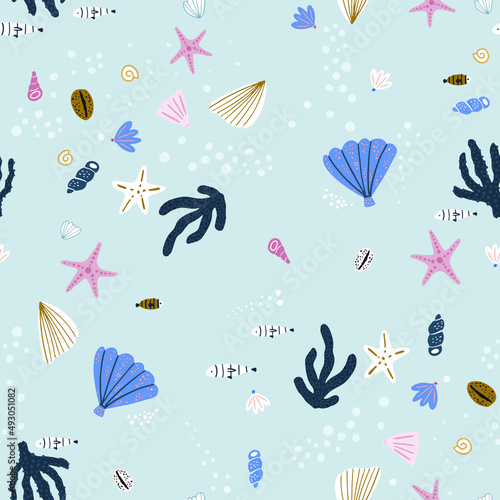 Seamless marine texture with undersea elements, seashells, star fish, fish, corals. Blue oceanic background. Vector illustration