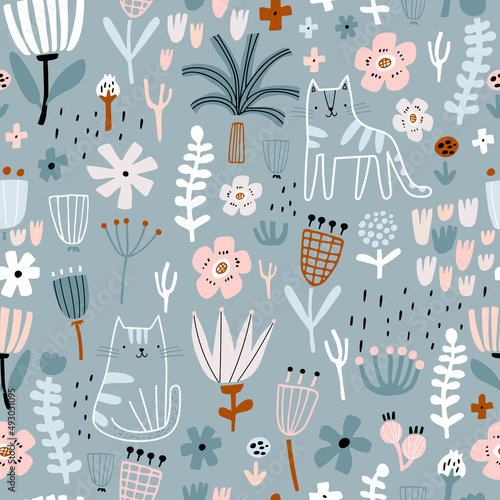 Seamless childish pattern with сute hand drawn cats and flowers. Creative kids texture for fabric, wrapping, textile, wallpaper, apparel. Vector illustration