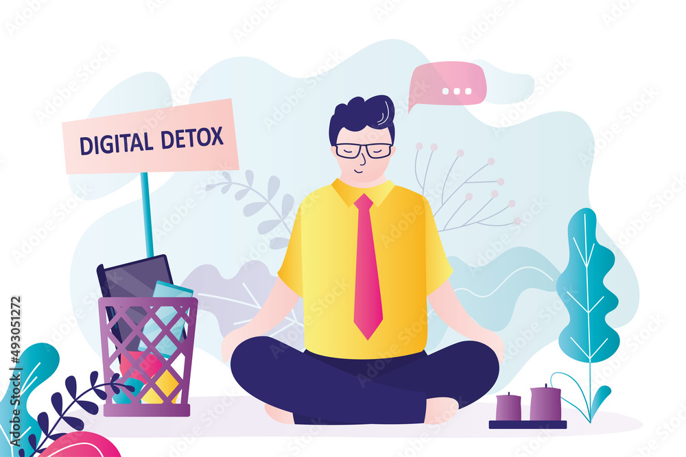 Digital detox. Happy male employee relaxes in lotus pose. All gadgets thrown in trash can. Refusal of digital devices. Relax without social media. No internet addiction. Gadgets switch off. Digital detox. Happy male employee relaxes in lotus pose. All gadgets thrown in trash can. Refusal of digital devices. Relax without social media. No internet addiction. Gadgets switch off.