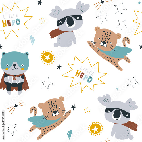 Seamless pattern with cute koala, cheetah, bear super hero. Creative childish texture in scandinavian style. Great for fabric, textile Vector Illustration